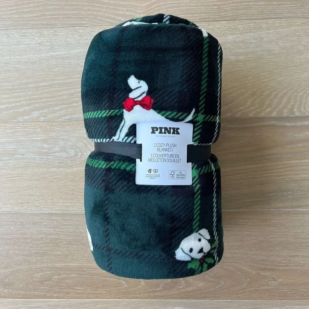 Victoria's Secret PINK Cozy Plush Logo Blanket Green Plaid Dog 50